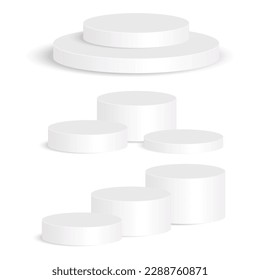 3d display product minimal scene with geometric podium platform collection. Abstract white 3D room with realistic white cylinder pedestal podium. Stage showcase on pedestal display beige background