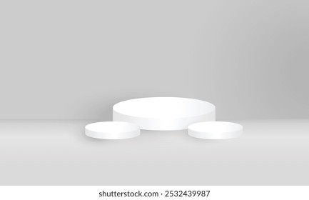 Escena mínima del producto de la exhibición 3D con la plataforma geométrica del podio. Sala 3D blanca Abstractas con podio de pedestal de cilindro blanco realista. Etapa