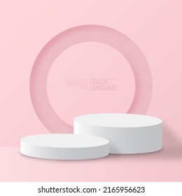 3d display product on minimal scene with geometric podium platform. Commercial pedestal in pink pastel square background.