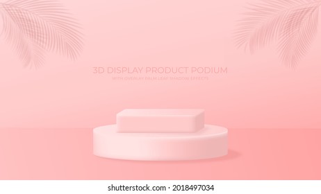 Plataforma De Podio Del Producto En 3D Decorada Con Efectos De Sombra Sobre La Palma. Adecuado para la promoción de la pantalla Moda de producto, cosmética, belleza, mujeres, etc.