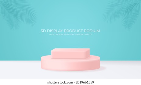 Plataforma de podio de productos de visualización 3D decorada con base blanca, fondo de pared de tosca y efectos de sombra de hojas de palma superpuestas, y adecuada para promoción de pantalla Moda de producto, cosmética, belleza, mujeres