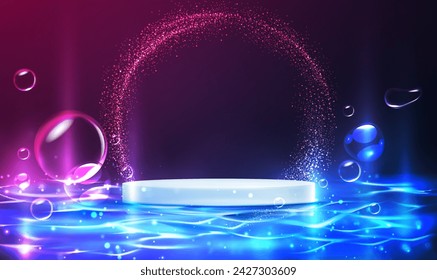 Soporte de producto de exhibición 3d sobre fondo azul de ondas de agua con burbujas flotantes. Podio redondo realista 3D sobre fondo de agua. pedestal vacío para la presentación, cosméticos para el cuidado de la piel. Vector EPS10.
