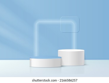 3D display product white podium. Abstract blue pastel square lighting scene. Stage for product, cosmetic, promotion display, presentation. Vector illustration