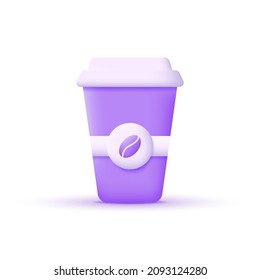 3d Disposable coffee cup icon with coffee beans logo. Isolated on white background. Trendy and modern vector in 3d style.