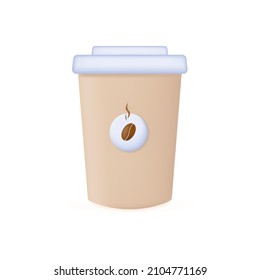 3d disposable paper coffee cup. Morning hot drink. Eco-friendly liquid container or plastic. A mug with tea or black coffee with milk, cappuccino, latte. Disposable takeaway cup with lid. Vector 