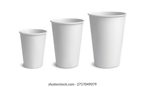 Tazas de papel desechables 3D para llevar café y té, Plantilla blanca limpia para la marca de la cafetería o maqueta de empaquetado de comida rápida. Conjunto de Vector realista para diseño de etiquetas o publicidad de menú.