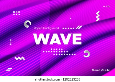 3d Distorted Wave Lines. Striped Poster in Pink and Purple Colors with Ripple of Flowing Surface. Modern Linear Template with Movement. Abstract Background with Distortion of Metallic Stripes.