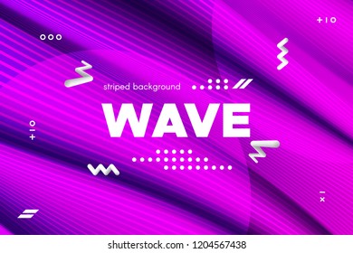 3d Distorted Wave Lines. Striped Poster in Pink and Purple Colors with Ripple of Flowing Surface. Modern Linear Template with Movement. Abstract Background with Distortion of Metallic Stripes.