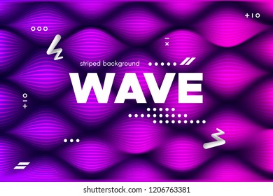 3d Distorted Wave Lines. Striped Poster in Pink and Purple Colors with Ripple of Flowing Surface. Modern Linear Template with Movement. Abstract Background with Distortion of Metallic Stripes.