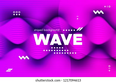 3d Distorted Wave Lines. Striped Poster in Pink and Purple Colors with Ripple of Flowing Surface. Modern Linear Template with Movement. Abstract Background with Distortion of Metallic Stripes.