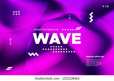 3d Distorted Wave Lines. Striped Poster in Pink and Purple Colors with Ripple of Flowing Surface. Modern Linear Template with Movement. Abstract Background with Distortion of Metallic Stripes.