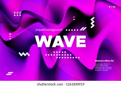 3d Distorted Wave Lines. Striped Poster in Pink and Purple Colors with Ripple of Flowing Surface. Modern Linear Template with Movement. Abstract Background with Distortion of Metallic Stripes.