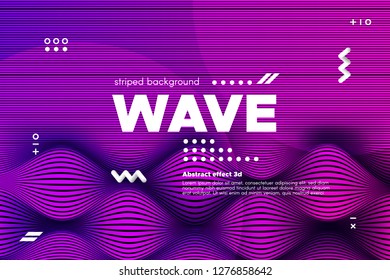 3d Distorted Wave Lines. Striped Poster in Pink and Purple Colors with Ripple of Flowing Surface. Modern Linear Template with Movement. Abstract Background with Distortion of Metallic Stripes.