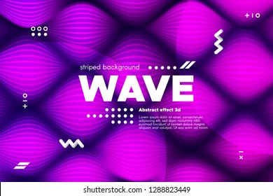3d Distorted Wave Lines. Striped Poster in Pink and Purple Colors with Ripple of Flowing Surface. Modern Linear Template with Movement. Abstract Background with Distortion of Metallic Stripes.