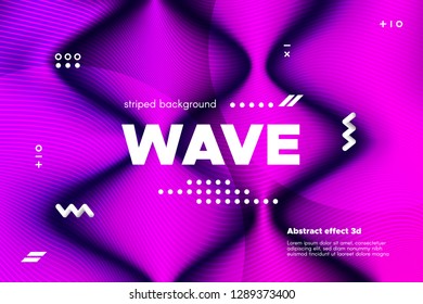 3d Distorted Wave Lines. Striped Poster in Pink and Purple Colors with Ripple of Flowing Surface. Modern Linear Template with Movement. Abstract Background with Distortion of Metallic Stripes.