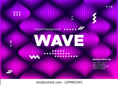 3d Distorted Wave Lines. Striped Poster in Pink and Purple Colors with Ripple of Flowing Surface. Modern Linear Template with Movement. Abstract Background with Distortion of Metallic Stripes.