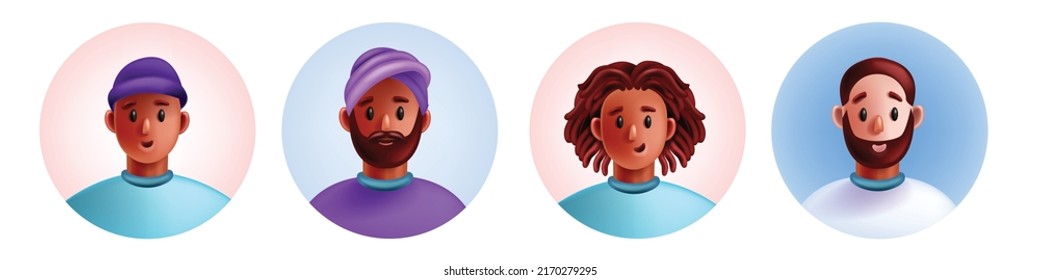 3D diverse people avatar set, smiling young student heads, vector men character cartoon face kit. Arab male turban person, network freelancer, black dreadlocks hipster. People profile avatar clipart