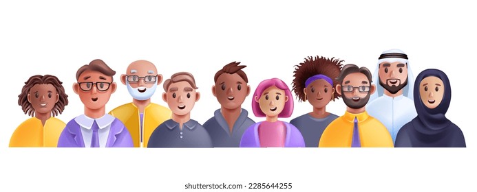 Grupo de avatares de personas diversas en 3D, grupo de personas de negocios vectoriales, multitud de estudiantes de carácter multicultural. Equipo de oficina, hombre feliz, mujer sonriente concepto de sociedad de caricaturas. Bandera de trabajo comunitario de personas diversas