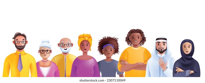 3D diverse people avatar set, person vector business group, multicultural character student crowd. Office team, happy man, smiling woman cartoon society concept. Diverse people community work banner