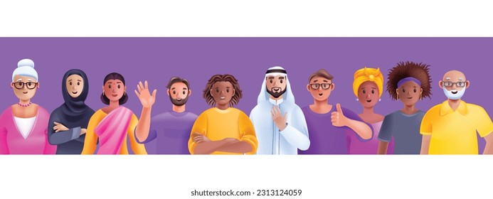 3D diverse people avatar set, person vector group, business multicultural character student crowd. Office team, happy man, smiling woman cartoon society concept. Diverse people community work banner