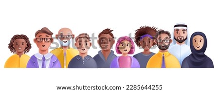 3D diverse people avatar set, vector business person group, multicultural character student crowd. Office team, happy man, smiling woman cartoon society concept. Diverse people community work banner
