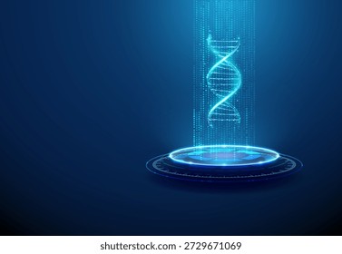 hélice de dna 3d no pódio futurista no fluxo de dados. Pesquisa genética, armazenamento de dados médicos, medicina do ar, análise genômica, conceito de diagnóstico avançado. Estilo de wireframe digital poli baixo. Vetor.
