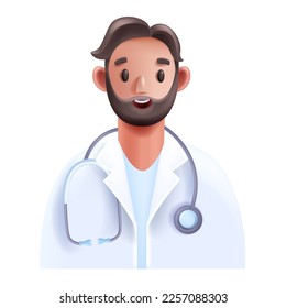 3D doctor medical consultation avatar, vector online healthcare expert icon, smiling therapist. Cartoon male cardiologist character, stethoscope, hospital white coat. Young 3D doctor person portrait