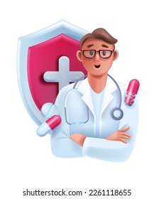 3D doctor medical consultation avatar, online healthcare pharmacist expert icon, smiling therapist. Cartoon male cardiologist vector character, stethoscope, shield. Young man 3D doctor portrait