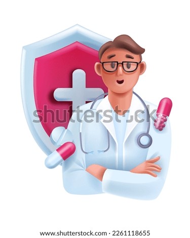 3D doctor medical consultation avatar, online healthcare pharmacist expert icon, smiling therapist. Cartoon male cardiologist vector character, stethoscope, shield. Young man 3D doctor portrait
