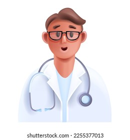 avatar de consulta médica en línea para médicos 3D, ícono de experto en salud vectorial, terapeuta sonriente. Caricatura caricaturista masculino, estetoscopio, abrigo blanco del hospital. Retrato de joven médico 3D