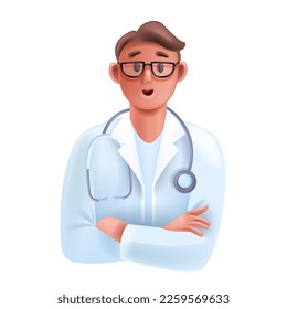 3D doctor medical online consultation avatar, healthcare expert icon, vector smiling therapist. Cartoon male cardiologist character, stethoscope, hospital white coat. Young 3D doctor person portrait