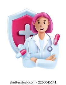 3D doctor medical online consultation avatar, healthcare pharmacist expert icon, smiling therapist. Cartoon female cardiologist vector character, stethoscope, shield. Young woman 3D doctor portrait