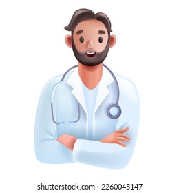 3D doctor medical online consultation icon, healthcare expert avatar, vector smiling therapist. Cartoon male cardiologist character, stethoscope, hospital white coat. Young 3D doctor person portrait