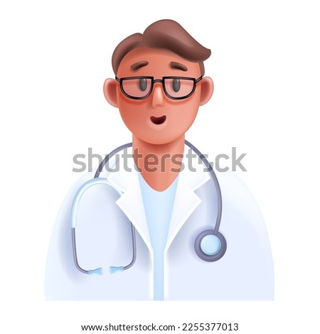3D doctor medical online consultation avatar, vector healthcare expert icon, smiling therapist. Cartoon male cardiologist character, stethoscope, hospital white coat. Young 3D doctor person portrait