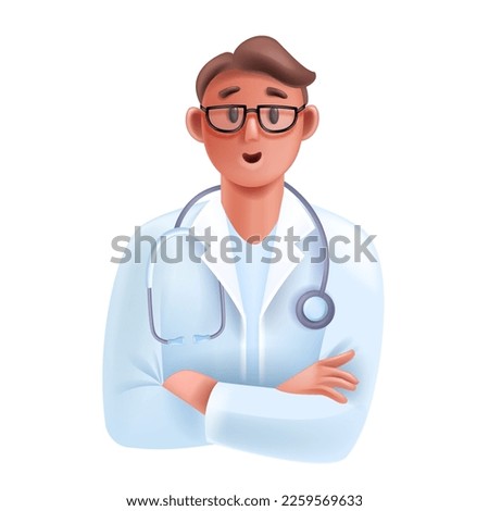 3D doctor medical online consultation avatar, healthcare expert icon, vector smiling therapist. Cartoon male cardiologist character, stethoscope, hospital white coat. Young 3D doctor person portrait