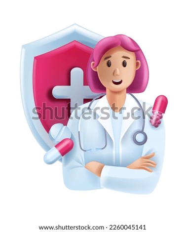 3D doctor medical online consultation avatar, healthcare pharmacist expert icon, smiling therapist. Cartoon female cardiologist vector character, stethoscope, shield. Young woman 3D doctor portrait