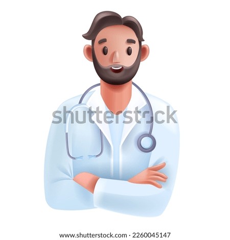 3D doctor medical online consultation icon, healthcare expert avatar, vector smiling therapist. Cartoon male cardiologist character, stethoscope, hospital white coat. Young 3D doctor person portrait