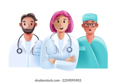 3D doctor medical team, healthcare personnel, vector female male hospital staff character face. Cartoon young nurse professional clinic cardiologist, emergency help therapist. 3D doctor smiling avatar