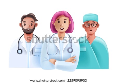 3D doctor medical team, healthcare personnel, vector female male hospital staff character face. Cartoon young nurse professional clinic cardiologist, emergency help therapist. 3D doctor smiling avatar