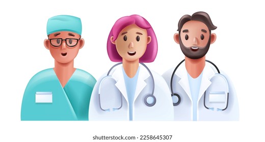 3D doctor medical team, vector healthcare personnel, female male hospital staff character face. Cartoon young nurse professional clinic cardiologist, emergency help therapist. 3D doctor smiling avatar