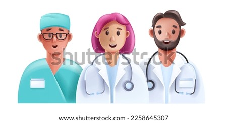 3D doctor medical team, vector healthcare personnel, female male hospital staff character face. Cartoon young nurse professional clinic cardiologist, emergency help therapist. 3D doctor smiling avatar