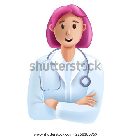 3D doctor medical vector online consultation avatar, healthcare expert icon, smiling therapist. Cartoon female cardiologist character, stethoscope, hospital white coat. Young woman 3D doctor portrait