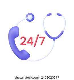 3D Doctor on call icon. 24,7. First aid medicine and emergency call to hospital. Emergency call, medicine, healthcare, medical support. Trendy and modern vector in 3d style