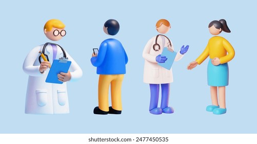 3D doctor and patient characters isolated on light blue background