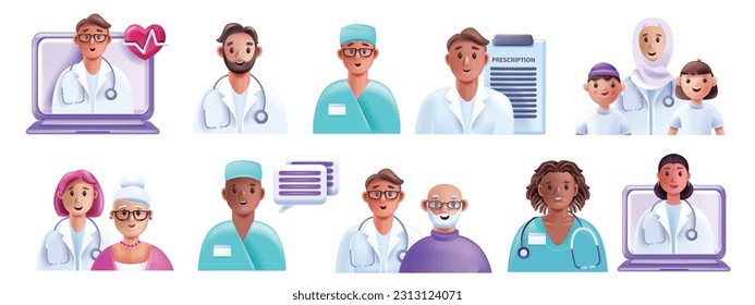 3D doctor patient icon set, cartoon medical vector clinic character, professional diverse team. Healthcare insurance therapy, online hospital service, muslim nurse woman. Doctor patient ambulance