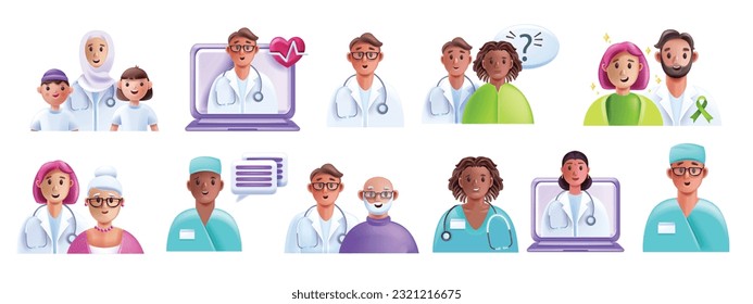 Juego de íconos de paciente médico 3D, personaje de caricatura de la clínica vectorial médica, equipo diverso profesional. Terapia de seguro de salud, servicio de hospital en línea, enfermera musulmana. ambulancia de paciente médico