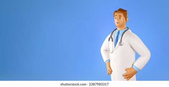 3D Doctor Vector Banner. Cartoon Male Character of Therapist in a white coat on blue background