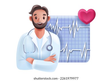 3D doctor, vector cardiologist healthcare consultation expert, cartoon male therapist, heart pulse. Cardiogram test, emergency clinic professional checkup hospital staff stethoscope. 3D doctor clipart