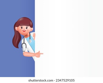 3d doctor woman peeking out of a blank billboard sign. 3d vector people character illustration.