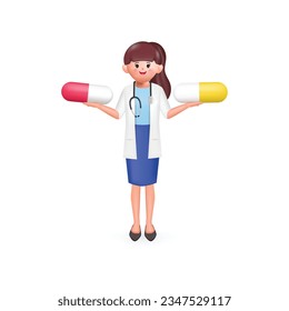 3d doctor woman pharmacist cartoon character holding big pill. Medicament recommendation. Pharmaceutical clip art isolated on white background